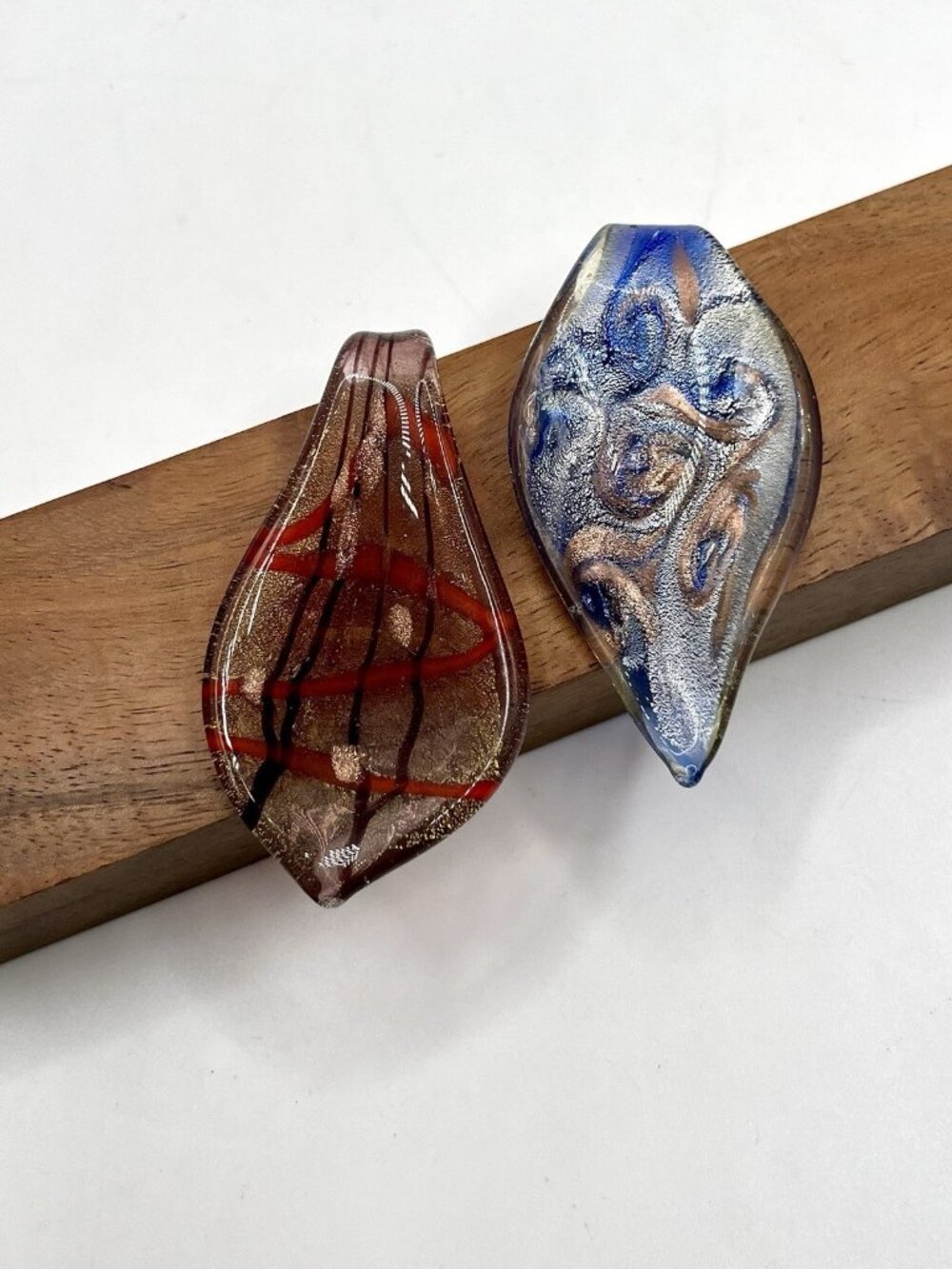 Vintage Art Glass Pendant Lot Of 2 Fused Glass Leaf Teardrop Boho Craft Y2K